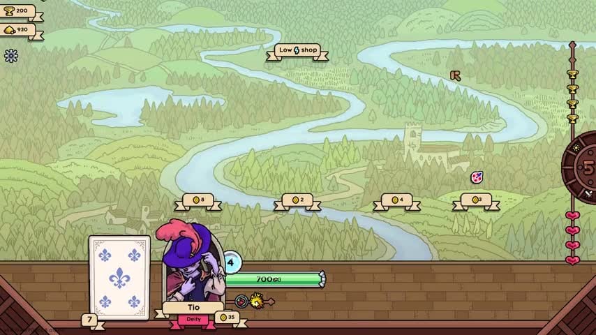 Grail-Overworld entlang eines Flusses mit Shop-Knoten, Gold, Trophäen und Lebensbalken